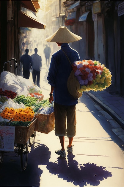 Een schilderij van een vrouw die een kar met bloemen draagt