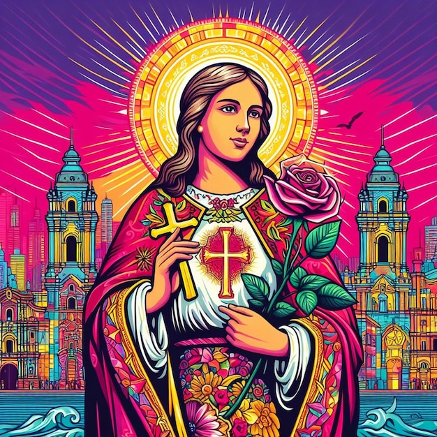 Foto een schilderij van een vrouw die een kruis vasthoudt met het woord jezus erop