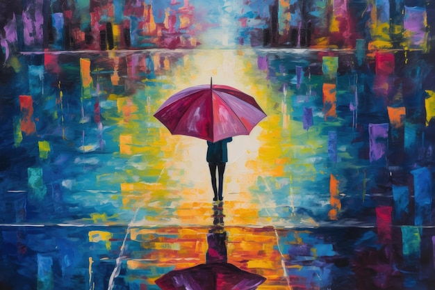 Een schilderij van een vrouw die een paraplu vasthoudt in de regen.