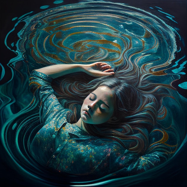 Een schilderij van een vrouw die in het water ligt en haar haar naar beneden valt.