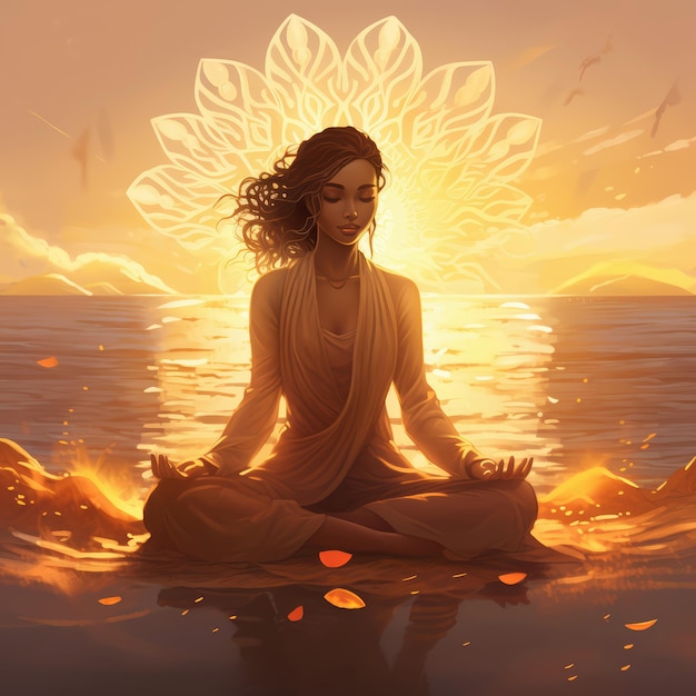 een schilderij van een vrouw die mediteert voor een zonsondergang