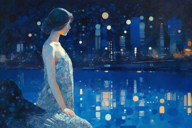 Een schilderij van een vrouw die naar de skyline van een stad kijkt.