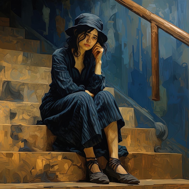 een schilderij van een vrouw die op een trap zit met een hoed op haar hoofd