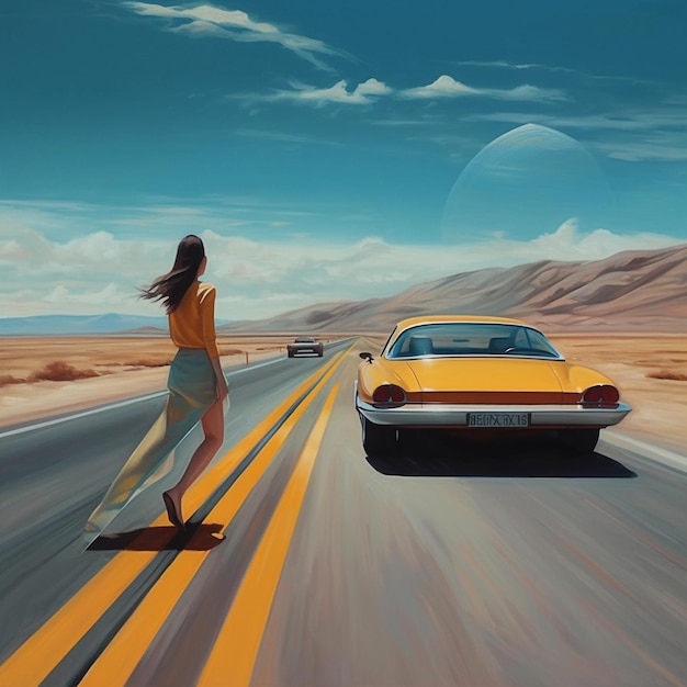 Foto een schilderij van een vrouw die over een weg loopt met een auto op de achtergrond.