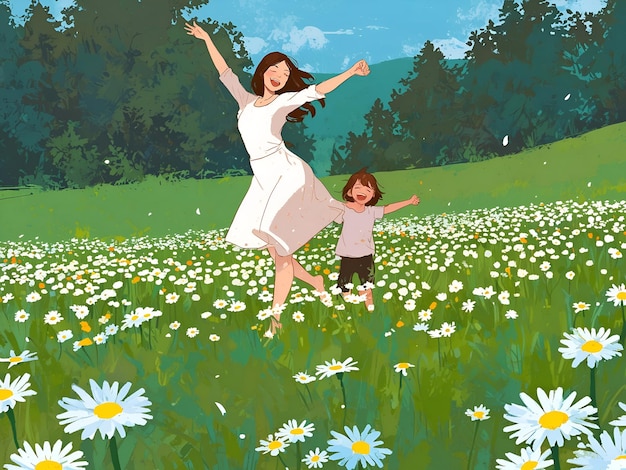 een schilderij van een vrouw en een kind in een veld van madeliefjes