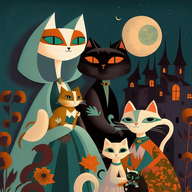 Een schilderij van een vrouw en twee katten met een maan op de achtergrond.
