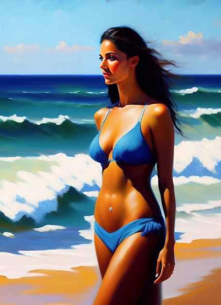 Een schilderij van een vrouw in een blauwe bikini op het strand