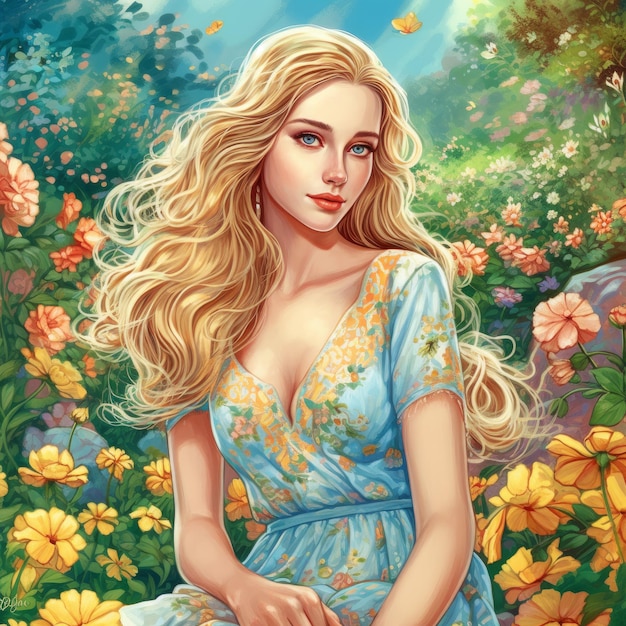 Een schilderij van een vrouw in een blauwe jurk met een gele bloem erop.