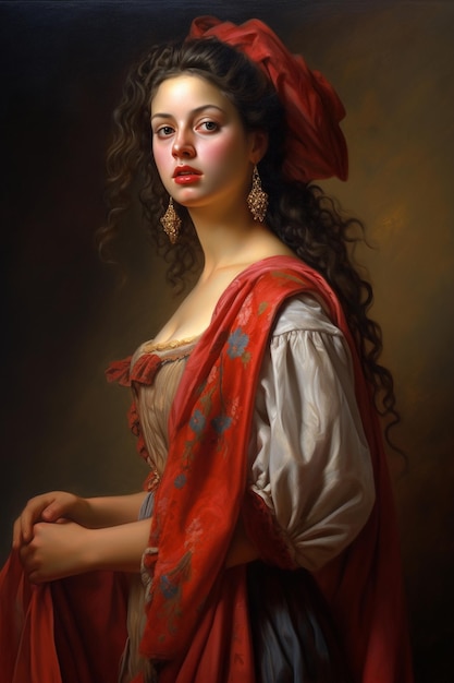 Een schilderij van een vrouw in een rode jurk met een rode en blauwe bloemige top