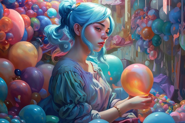 Een schilderij van een vrouw met blauw haar en een blauw haar dat een ballon vasthoudt.