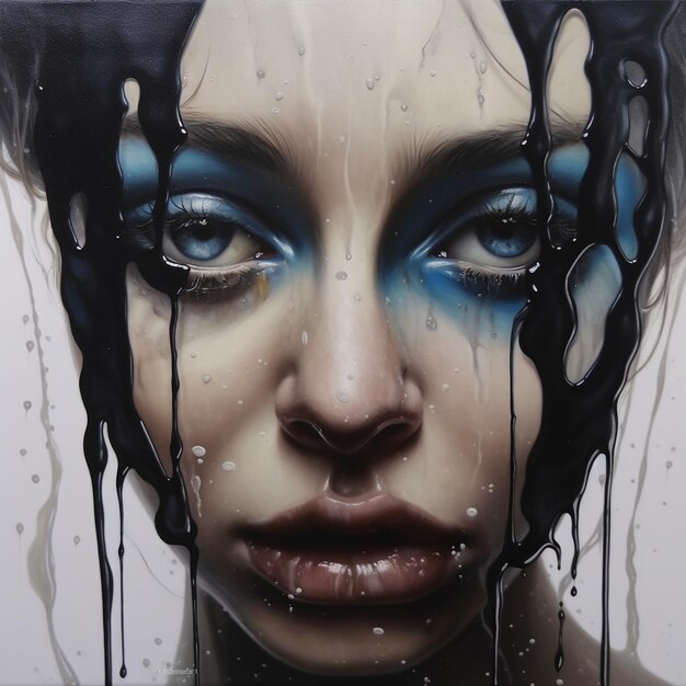 een schilderij van een vrouw met blauwe ogen en blauwe ogen