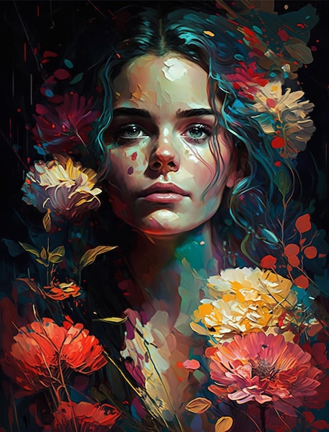 Een schilderij van een vrouw met bloemen op haar gezicht