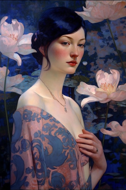 Een schilderij van een vrouw met een blauwe jurk en een bloem op de achtergrond.