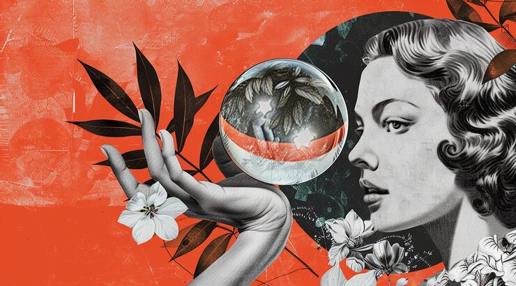 Foto een schilderij van een vrouw met een bloem en een vrouwelijke hand