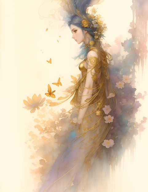 Een schilderij van een vrouw met een bloemenkroon op haar hoofd.