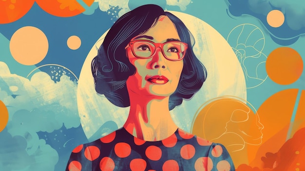 Een schilderij van een vrouw met een bril en een polka dot jurk