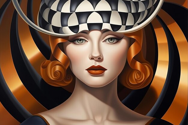 een schilderij van een vrouw met een hoed met een zwart-wit geblokt patroon