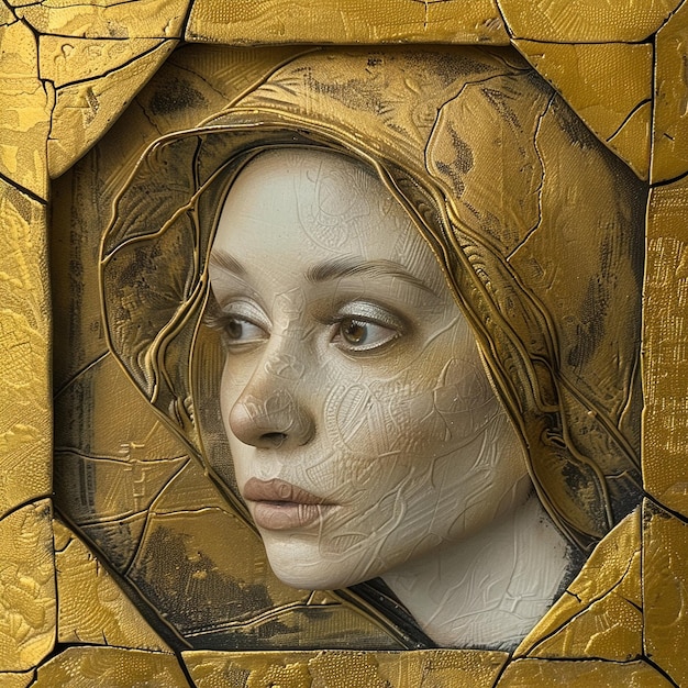 een schilderij van een vrouw met een hoofdbedekking met een gouden achtergrond