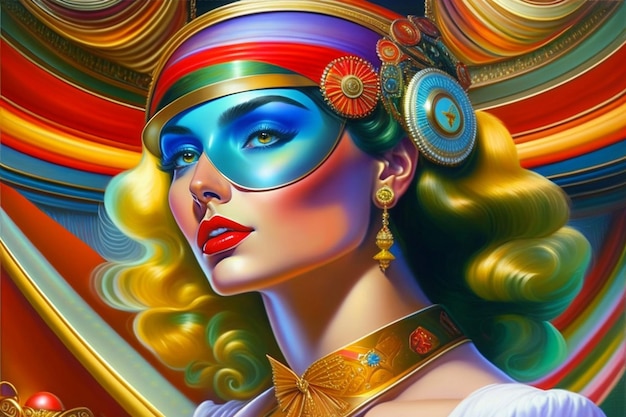 Een schilderij van een vrouw met een kleurrijk masker op haar gezicht.