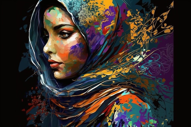 Een schilderij van een vrouw met een kleurrijke sjaal op haar hoofd