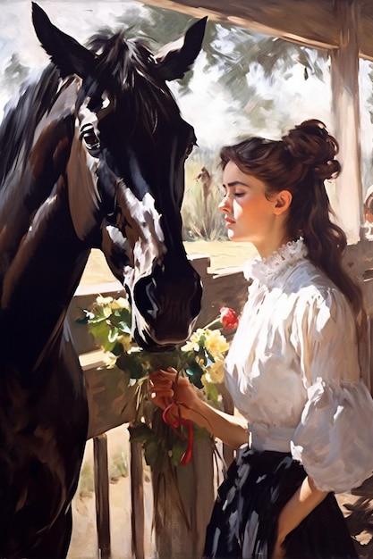 Een schilderij van een vrouw met een paard bij een hek.