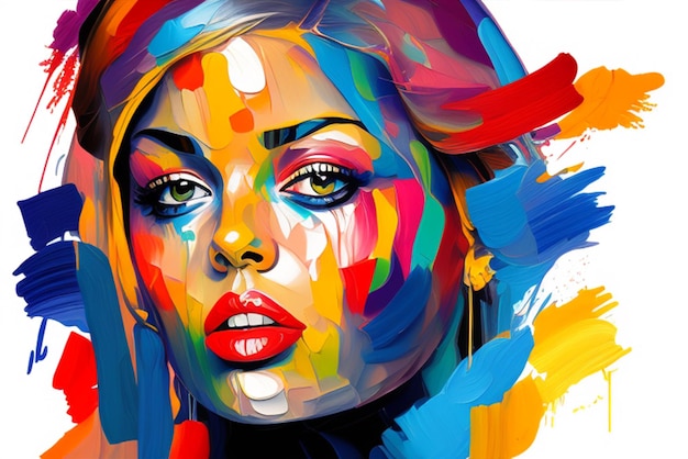 Een schilderij van een vrouw met een regenboogkleurig gezicht.