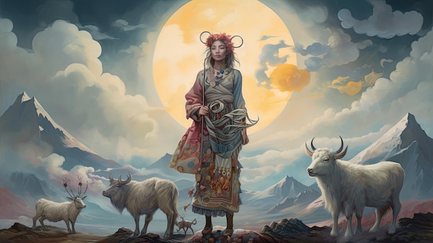 een schilderij van een vrouw met een stier en bergen op de achtergrond.