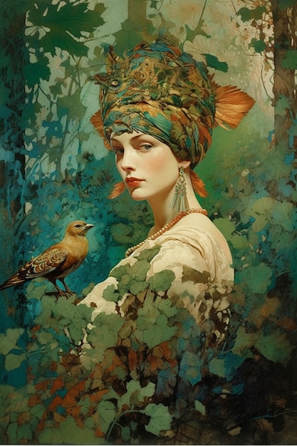 Een schilderij van een vrouw met een vogel op haar hoofd