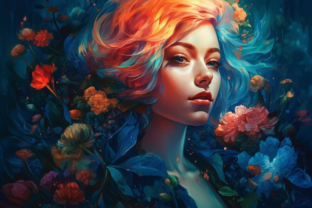 Een schilderij van een vrouw met kleurrijk haar en blauw en oranje haar.