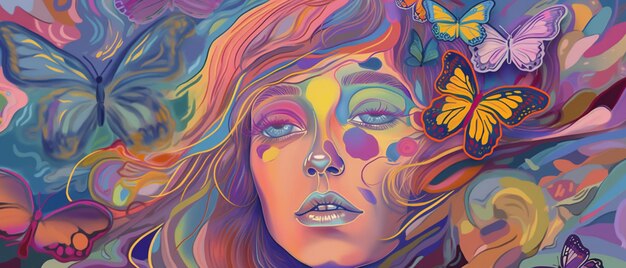 Een schilderij van een vrouw met kleurrijk haar en een bloem op het gezicht.
