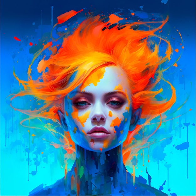 Een schilderij van een vrouw met kleurrijke haar fantasie