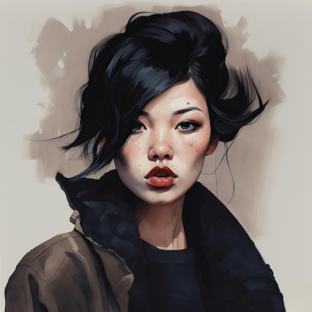 Een schilderij van een vrouw met rode lippen en een zwarte jas