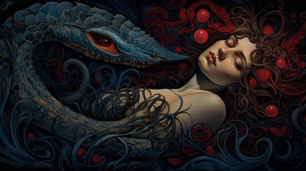 een schilderij van een vrouw met rode ogen en een slang