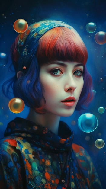 Een schilderij van een vrouw met rood haar en blauwe ogen