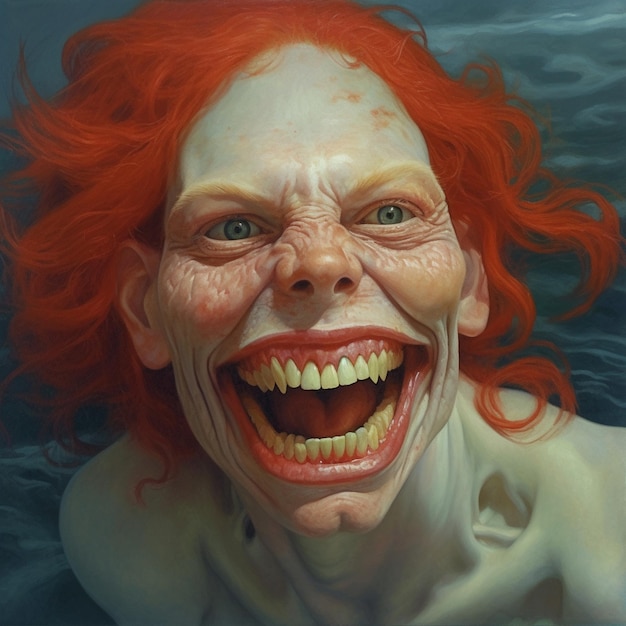 een schilderij van een vrouw met rood haar en een wit shirt met de tekst "eng".