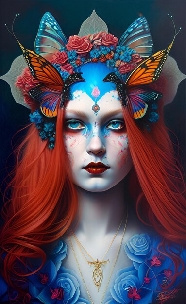 Een schilderij van een vrouw met rood haar en vlindervleugels.