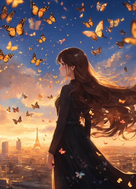 een schilderij van een vrouw met vlinders die om haar heen vliegen
