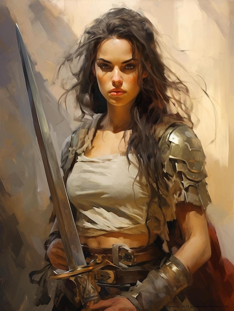een schilderij van een vrouw met zwaard en schild.