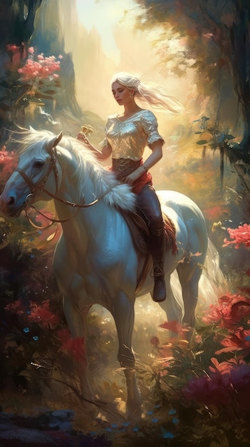 Een schilderij van een vrouw op een paard met een bos op de achtergrond.