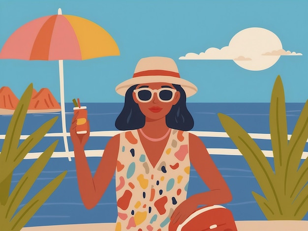 een schilderij van een vrouw op het strand met een paraplu en een fles bier