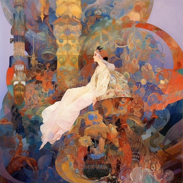Een schilderij van een vrouw zittend op een stoel kleurrijk abstract object om haar heen