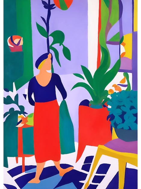 Een schilderij van een vrouw zittend op een stoel met een groene plant op de achtergrond