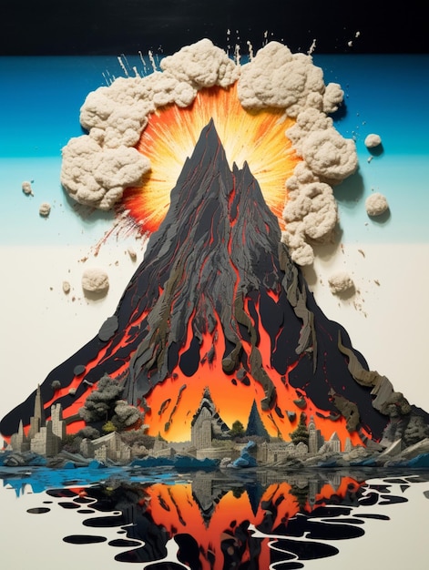 Een schilderij van een vulkaan met de woorden "vuur" op de bodem.