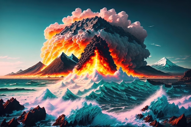Een schilderij van een vulkaan met een blauwe lucht en wolken