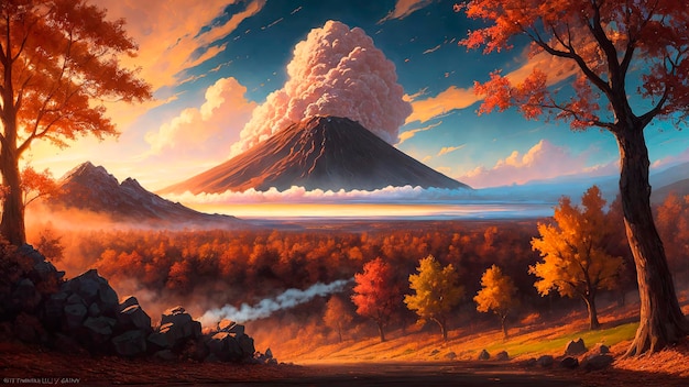 Een schilderij van een vulkaan met een rookwolk op de achtergrond
