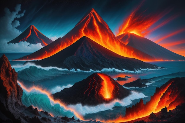 Een schilderij van een vulkaan met onderaan de woorden vulkaan