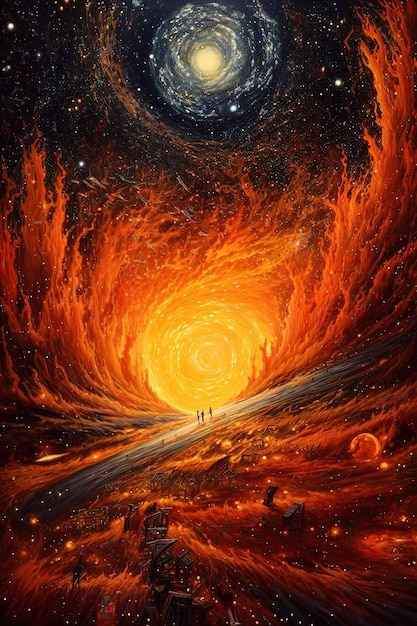 Een schilderij van een vuur en het universum