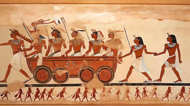 een schilderij van een wagen met mensen die een kar dragen met een kar met het woord god erop
