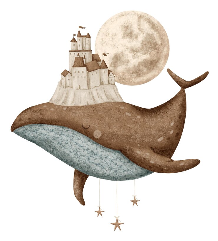 Foto een schilderij van een walvis en de maan met de maan op de achtergrond