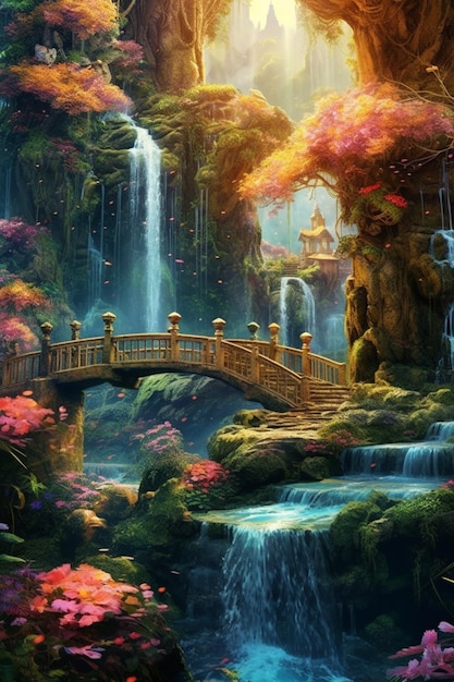 Een schilderij van een waterval en een brug in een bos met een waterval generatieve ai